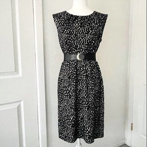 DANA BUCHMAN Sleeveless Black White Belted Sheath Dress